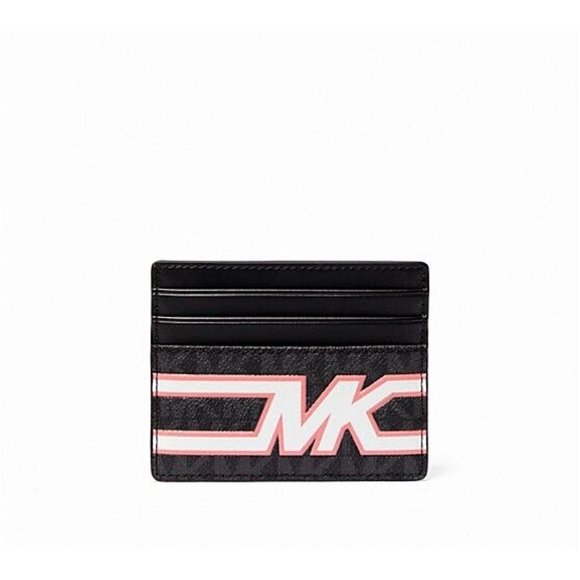 New Michael Kors Cooper Tall Card Case Coated Canvas Black / Pink Multi - Picture 1 of 2
